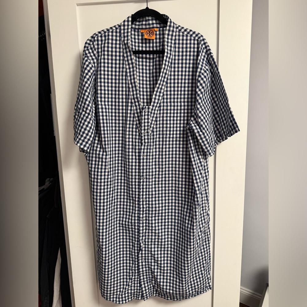Tory Burch Navy and White Gingham Short-Sleeve Button-Down Shirt